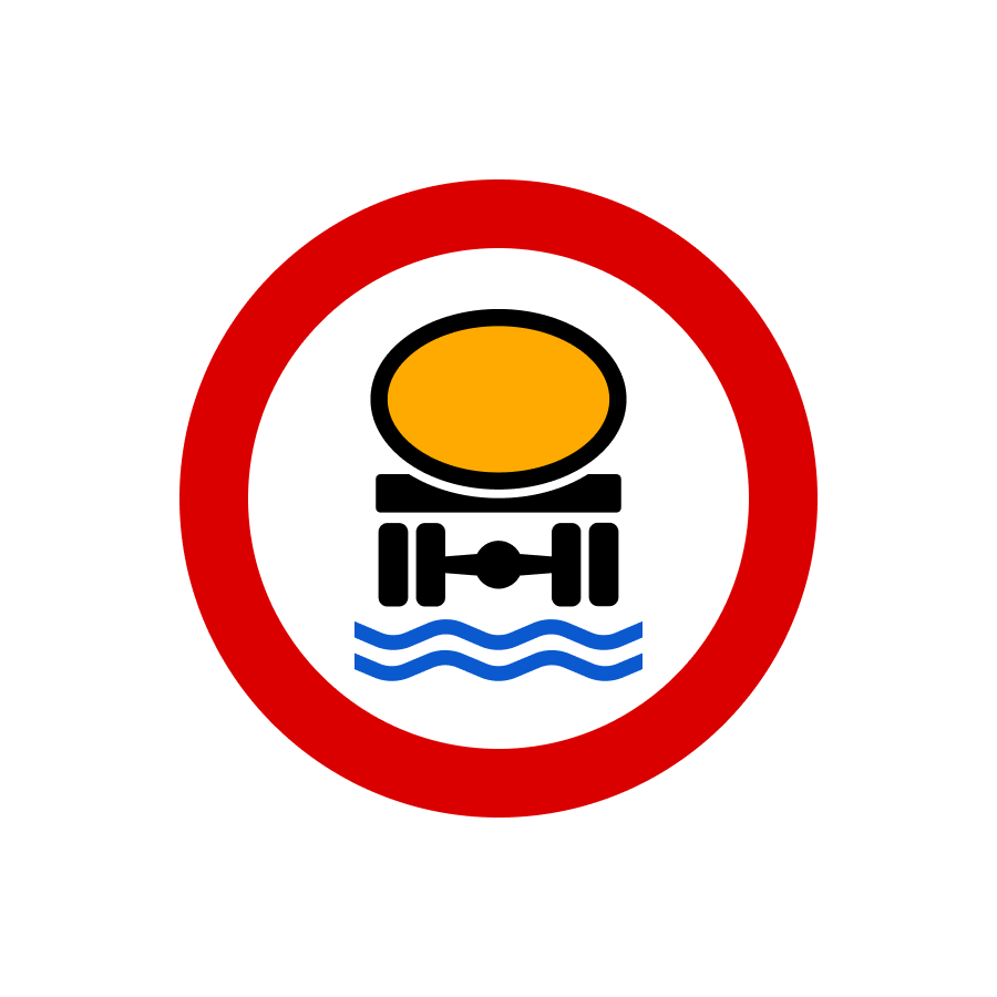 Знак 3.14 Рух транспортних засобів, що перевозять речовини, які забруднюють воду, заборонено