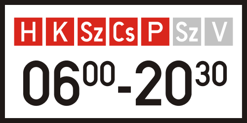 Табличка з Угорщини, що лімітує час дії знака з понеділка по пʼятницю з 6:00 до 20:30